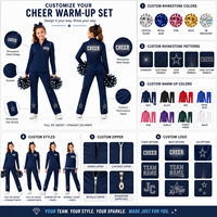 Setelan Pemanasan Cheer Custom Biru Dongker dengan Logo Berhias Rhinestone di Kedua Sisi, Jaket Full Zip, Celana Straight Leg, Set Latihan Tim