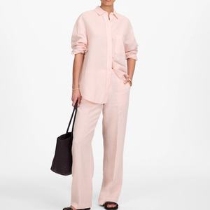 Conjunto de Lino Casual y Formal para Mujer, Primavera-Otoño 2025, Venta al Por Mayor, Alta Calidad, Personalizable, Camisa a Rayas de Manga Larga, 2 Piezas - Product Image 1