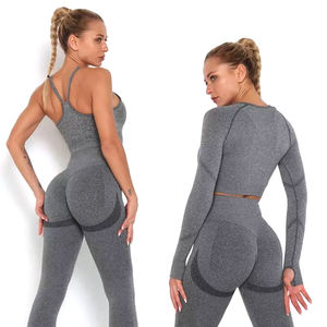 Индивидуальные бесшовные костюмы из 2 предметов для спортзала, спортивные костюмы для женщин, короткий топ с длинным рукавом + Скрещенные леггинсы, комплекты для йоги, фитнеса и активного отдыха - Product Image 5