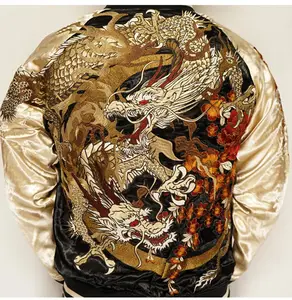 Japonés Yokosuka Vintage doble cara-de-bordado chaqueta Streetwear de los hombres de la luna dragón Cherry Blossom Chaqueta estilo Bomber de satén