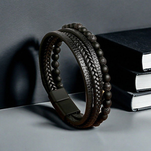 <b>Leather</b> Hand-woven Multi-layered <b>Bracelet</b> For Men Magnetic Buckle Retro Patchwork Gift 7.5in 8.5in 9in - Product Image 1