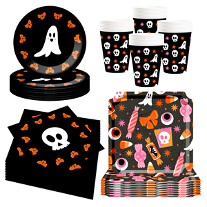 อุปกรณ์จัดปาร์ตี้ฮาโลวีน DAMAI ลายฟักทอง แมวดำ และผีน่ารัก ดีไซน์สีม่วงและดำ จานและผ้าเช็ดปากธีมฮาโลวีน - Product Image 3
