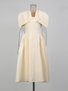 Elegant for <b>White</b> Sleeveless Cape Collar A-line Midi Satin Empire Waist Vintage Formal <b>Wedding</b> Guest Evening Banquet <b>Dress</b> - Product Image 6