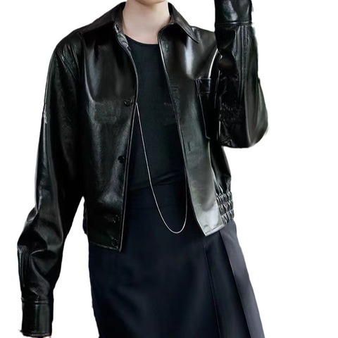 Custom Leather Jacket Single Breasted Long Sleeves Solid Color Short Style Women Leather Jacket Coat