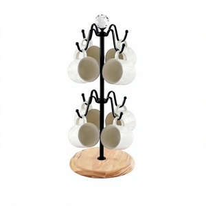 Double Tier Mug Rack With Round Wooden Base And Iron Metal Stand For Kitchen Countertop <b>Storage</b> Minimalist Design - Product Image 1