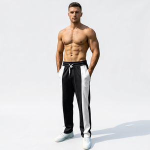 Pantalon de jogging décontracté pour homme, noir et blanc, avec bande latérale, taille élastique et cordon de serrage, respirant, en polyester tricoté, idéal pour l'été - Product Image 1