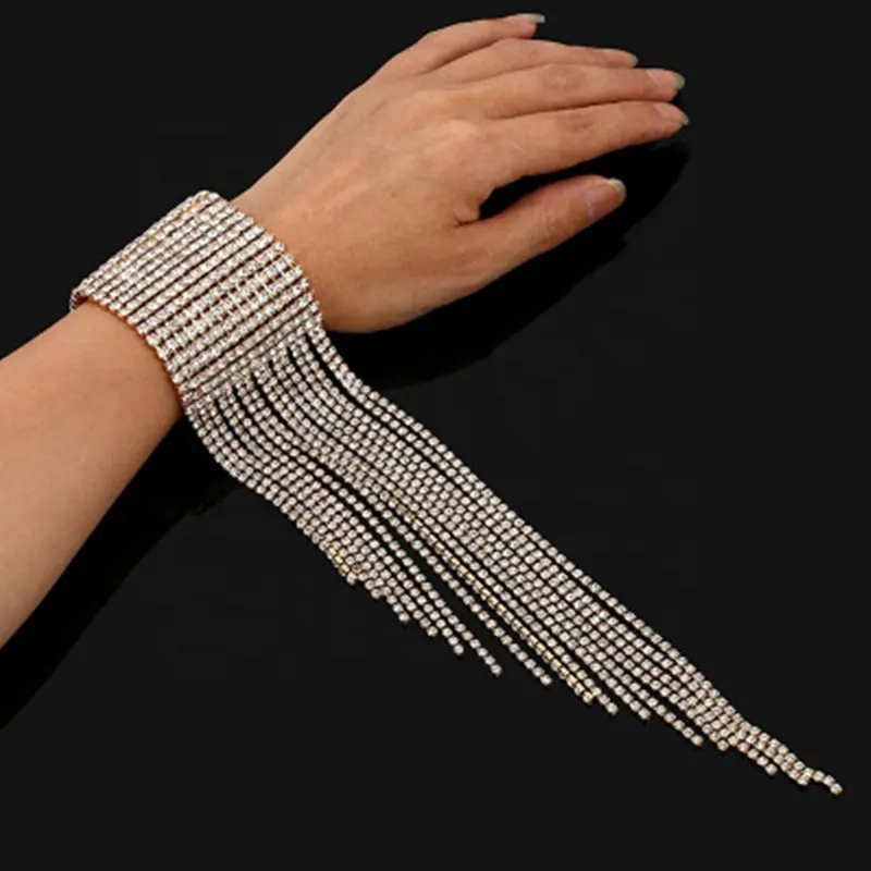 Fashion Long Tassel Rhinestone Bracelet Hand Jewelry for Women Bridal Crystal Bracelets Wedding Jewelry