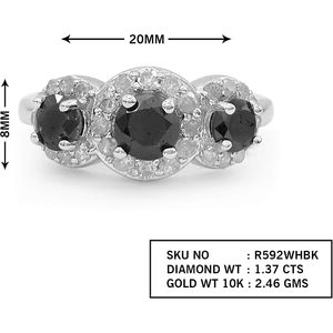 Anillo de Compromiso de Oro Blanco con Diamante Negro Natural de 3 Piedras con Halo, Corte Brillante Redondo de 1.37 Quilates para Mujer - Product Image 2