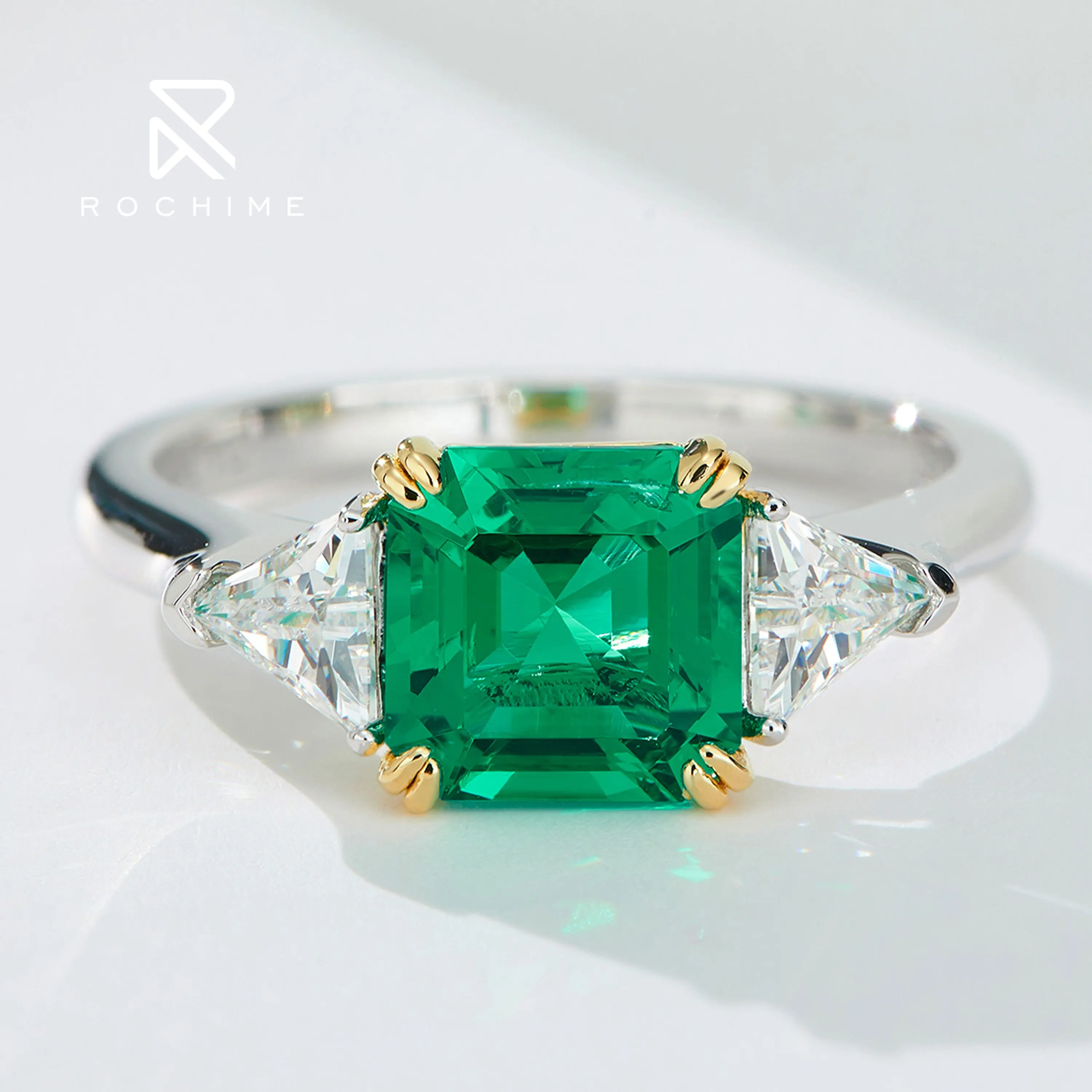 Rochime lab grown emerald rings women marriage 14k 18k white rose gold plated ring sterling silver 925 jewellery