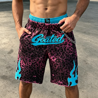 Shorts de sport streetwear pour hommes, double couche, taille élastique, avec broderie flamme cyan, lettres en strass et chaîne