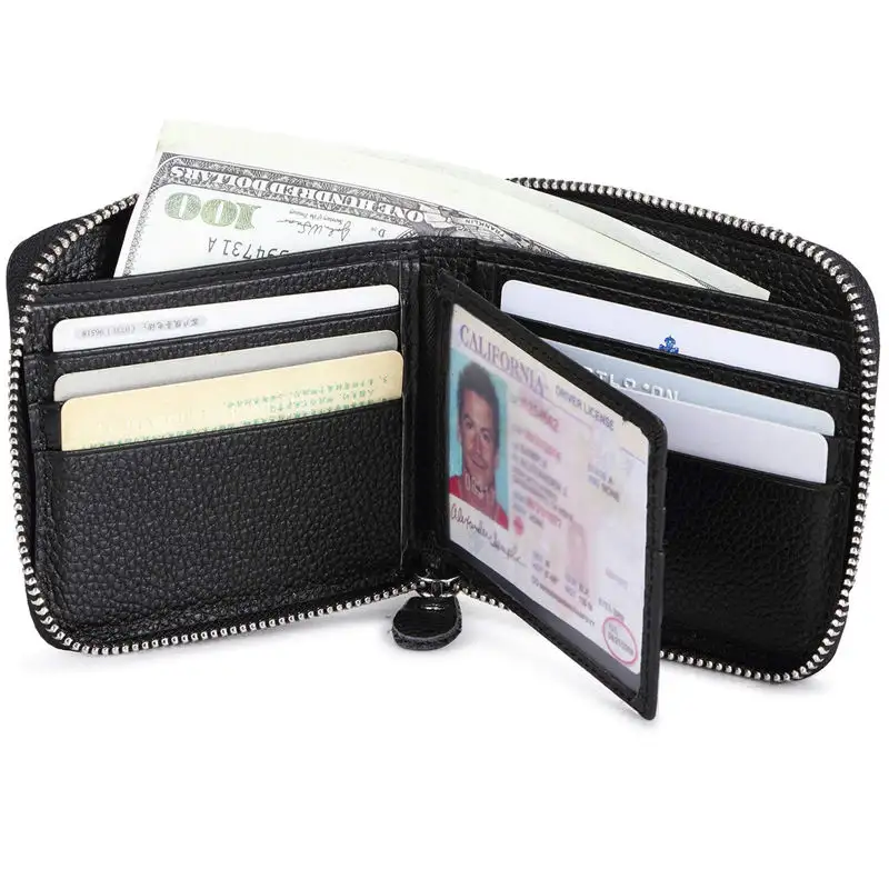 High Quality Customized Genuine Leather Men's Card Zipper Wallet Zip Around Bifold Wallet RFID Blocking Business Wallet
