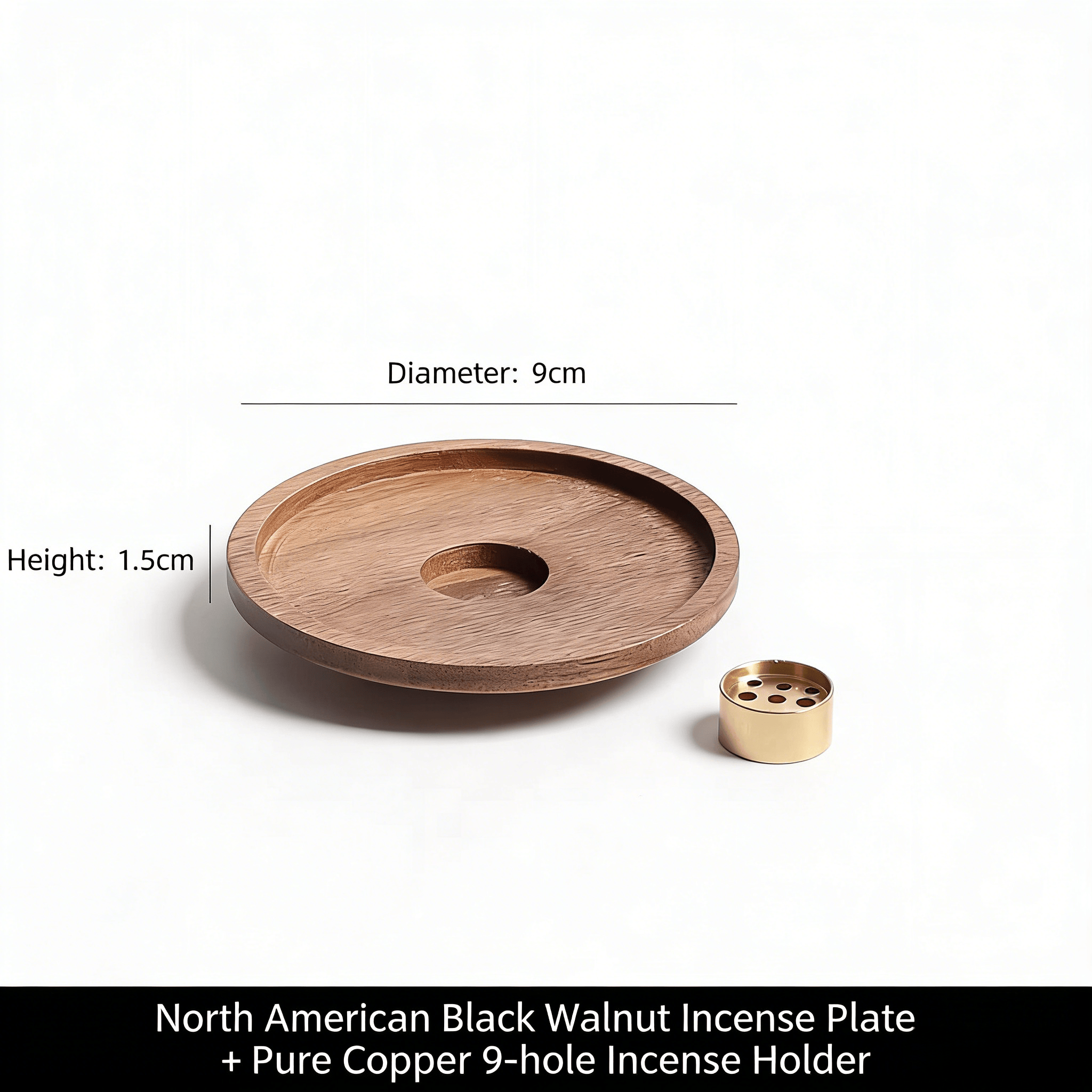 Walnut incense plate [round]+pure copper 9-hole incense insert