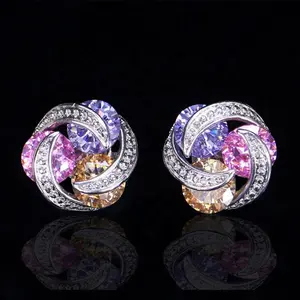 Nueva moda coreana joyería púrpura Rosa champán ronda Multicolor CZ cristal Stud pendientes para las mujeres