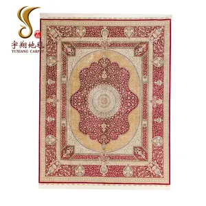 Yuxiang Karpet Sutra Simpul Tangan Bunga Merah dan Krem Cantik 8*10 Kaki untuk Dekorasi Rumah