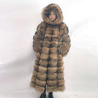 Style personnalisé usine de gros en couleur naturelle hiver chaud fourrure longue veste à capuche manteau de fourrure de raton laveur femmes
