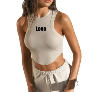 Ropa de entrenamiento de algodón acanalado suave para mujer, chaleco recortado de Yoga con espalda cruzada, camiseta sin mangas con logotipo para Fitness al por mayor