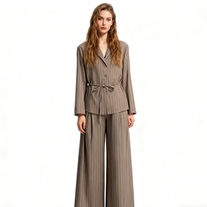 Women's Fashion Bestseller Striped Padded Shoulder Slim Waist Belt Suit Double-Pleated Pants 2-Piece <b>Set</b> Fashion - Product Image 1