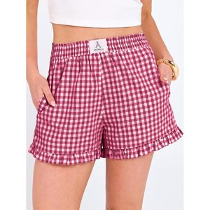 FOXA Women's <b>Gingham</b> Plaid Boxer Shorts Elastic Waist Ruffle Summer Sleepwear Pajama Lounge Bottoms - Product Image 2