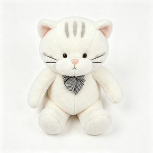 ตุ๊กตาแมวสีขาวแบบกำหนดเอง - ตุ๊กตาแมวนุ่มนิ่มพร้อมโบว์ลายตารางหมากรุก ของเล่นน่ารักสีกลางๆ สำหรับห้องเด็กและเด็กๆ - Product Image 3