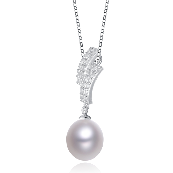 TD Collette Z Cubic Zirconia Double Rectangle Drop Sterling Silver Pearl Necklace