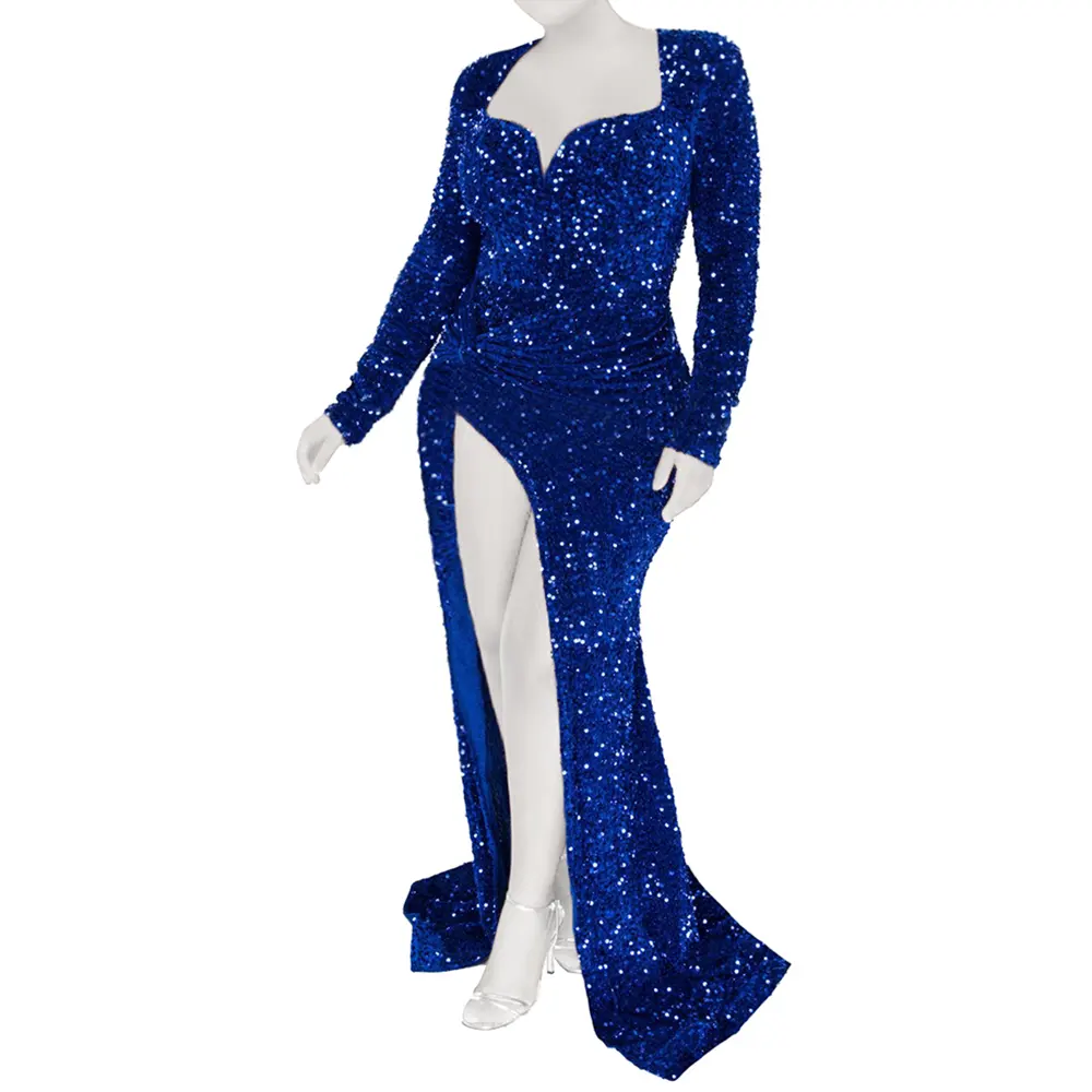 Long sleeve pure blue custom sequin evening wear gown night women vented dress