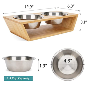 Mangkuk Kucing Besi Tahan Karat Mangkuk Makan Hewan Anjing Bambu Kayu Tempat Makan Berdiri Mangkuk Kucing dengan Mangkuk Keramik Ganda - Product Image 6