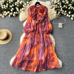 LE2639 Vestido MIDI con estampado de aceite Vestido elegante vintage francés para mujer Vestidos de gasa con estampado de cintura de manga larga empalmados para mujer - Product Image 6
