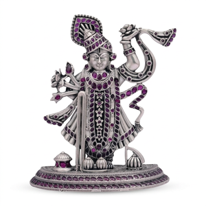 Vibrante Ídolo de Shrinathji en Piedra Rosa Púrpura con Detalles Oxidados en Plata de Ley, Estatua Religiosa de Plata Pura para Decoración del Hogar o Templo - Product Image 6