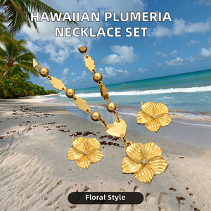 Conjunto de Collar y Pendientes de Plumeria Hawaiana de Moda, Chapado en Oro de 18K, con Cuentas de Cobre, Regalo de Boda para Mujeres y Niñas, Inspirado en Guam - Product Image 2