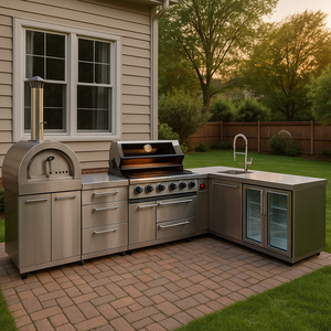 ครัวกลางแจ้งแบบกำหนดเองพร้อมอ่างล้างจานในตัวและเตาบาร์บีคิว พร้อมล้อเลื่อนแบบล็อคได้และตู้แช่แข็งแยกอิสระ - Product Image 4