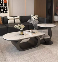 Ensemble de tables basses modernes en pierre frittée, ovales et rondes, avec structure en acier inoxydable et rangement, pour salon