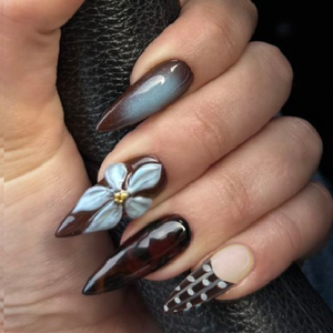Vente en gros d'usine : <span class=keywords><strong>Faux</strong></span> <span class=keywords><strong>ongles</strong></span> longs à presser style stiletto, motif œil de chat marron, léopard, fleurs 3D et pois, Fournisseur OEM sous marque privée - Product Image 1