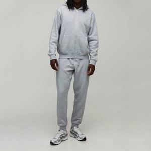 Light Heather Grey Basic Plain Full Zip <b>Hoodie</b> Jogger Sweatpants Men Two-Piece <b>Printed</b> Winter Fleece Tracksuit - Product Image 1