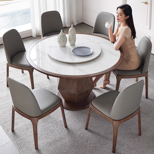 Mesa de comedor redonda de madera maciza, marco de madera de Fresno moderno y sencillo para el hogar, mesa de comedor con placa de roca con acabado brillante - Product Image 5