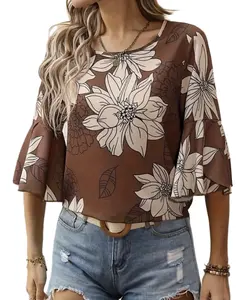 Spring Fall Floral Print Crew Neck Top Floral Shirt Blouse Vintage Three-quarter Sleeve Shirts For Women SC013
