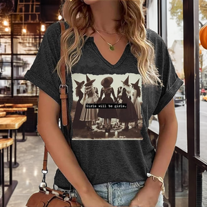 T-shirt à manches courtes pour femme, col en V, motif sorcière d'Halloween, drôle, féministe, Girl Power, 100% coton, hauts d'automne - Product Image 2