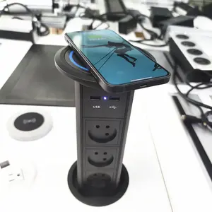 Full black Israel power 100mm hole Automatic motorized intelligent electric kitchen pop up outlet with wireless charging