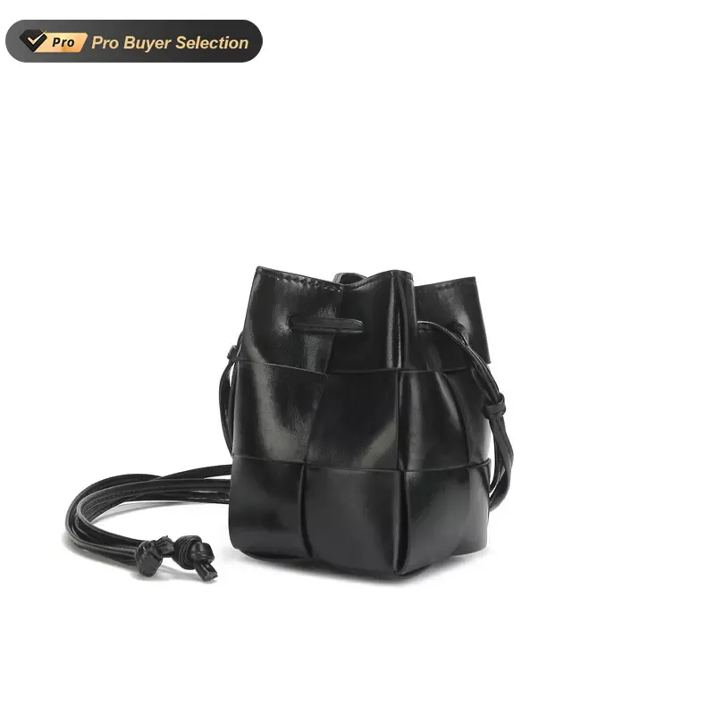 KALANTA Custom New Designer Woven Black Genuine Leather One-Shoulder Mini Coin Purse Bucket Bag Tassel Drawstring Ladies Handbag