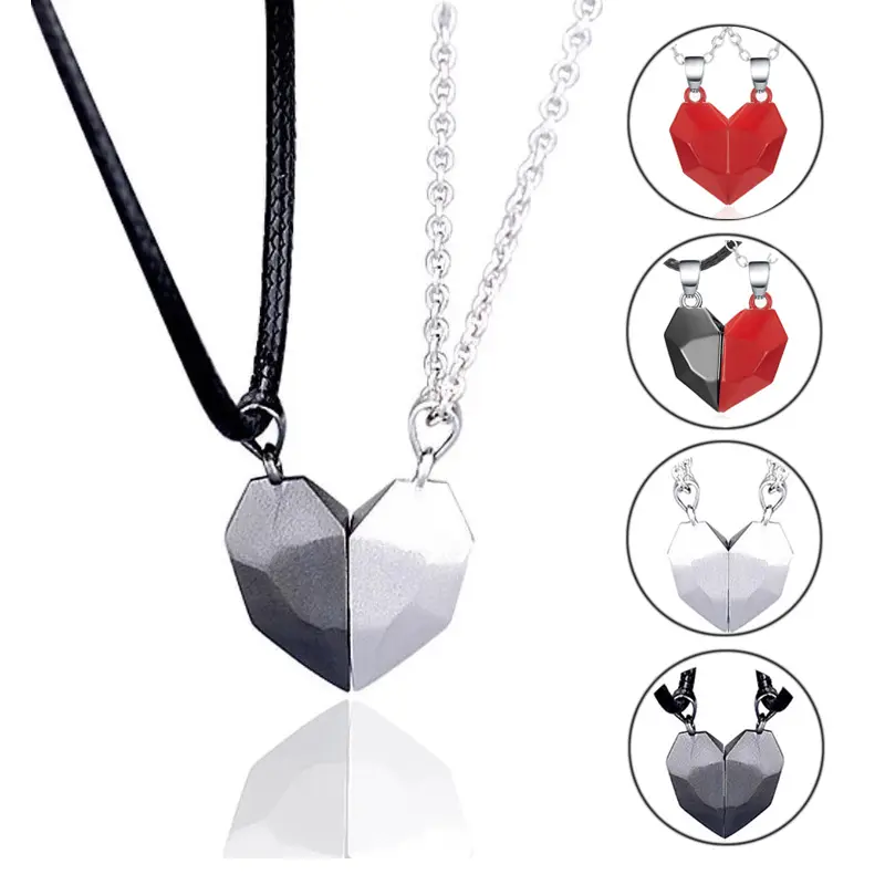 2PCS Magnetic Paar Halskette Liebhaber Herz Anhänger Entfernung Facettierte Charm Halskette Frauen Valentinstag Gif