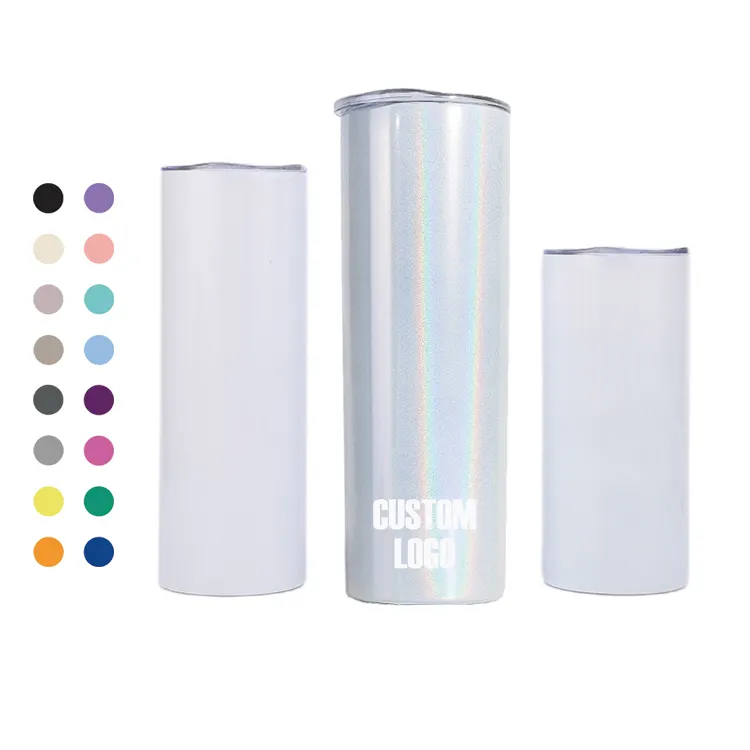 Holographic Glitter 15oz 20oz 30oz Skinny White Straight Sublimation Blanks Stainless Steel Rainbow Shiny Tumblers With Straws