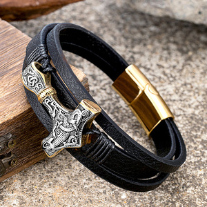 yunnique Thor's Hammer Bracelet Black Leather Magnetic Clasp Viking Style Jewelry Gift - Product Image 1