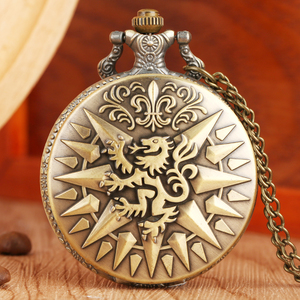 Montre de poche à quartz steampunk avec chaîne, collier médaillon vintage en bronze sur le thème de Game of Thrones, lion <span class=keywords><strong>Lannister</strong></span>, cadeau pour homme - Product Image 1
