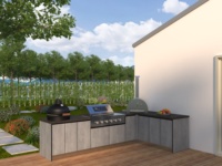 Barbecue au charbon de bois moderne pour extérieur, îlot de cuisson contemporain avec grille réglable en hauteur pour des grillades propres dans le jardin