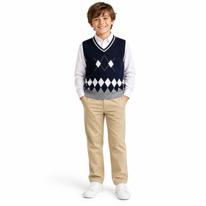 <span class=keywords><strong>Gilet</strong></span> en tricot Argyle pour enfants, col en V, 100% coton, uniforme scolaire, style Dark Academia, garçons, filles, unisexe, 110-190, OEM personnalisé - Product Image 1