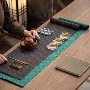 Brocade Waterproof Tea <b>Table</b> <b>Runner</b> Green And Gold Antique Pattern Luxury Tea Ceremony Accessory - Product Image 2