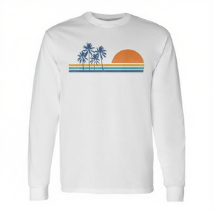 Camiseta de manga larga con estampado de playa tropical vintage de palmeras al atardecer de los años 70, estilo retro - Product Image 2