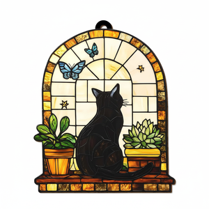 Panel de Vidrio Artístico con Diseño de Gato Negro en una Escena de Ventana con Árboles, Plantas y Mariposas, Decoración, Recuerdo, Regalo - Product Image 2