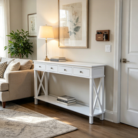 Table console en bois massif blanc avec étagères de rangement, style moderne, salon, salle à manger, entrée, couloir, table de canapé, décoration durable pour la maison