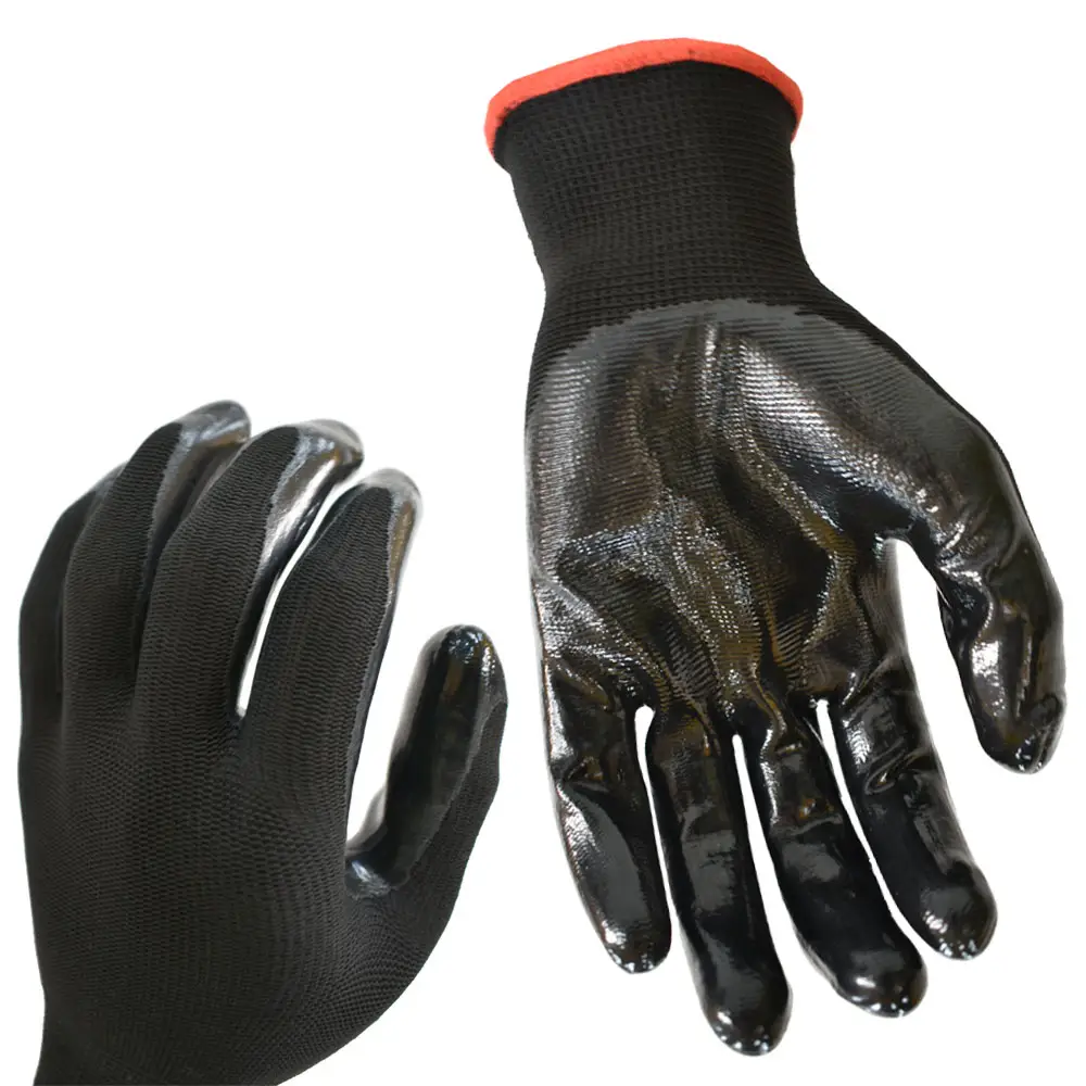 13 Gauge Working Nylon Palm Pu Safety Gloves Black Polyester Black PU Coated Safety Work Gloves