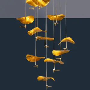 नई चीनी शैली तांबा कमल के पत्ते कला दीपक लक्जरी द्वैध विला भोजन कक्ष के लिए सीढ़ी सजावट झूमर दीपक